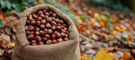 Brown chestnuts carefully collected in burlap sack resting on vibrant autumn chestnut leavesの素材