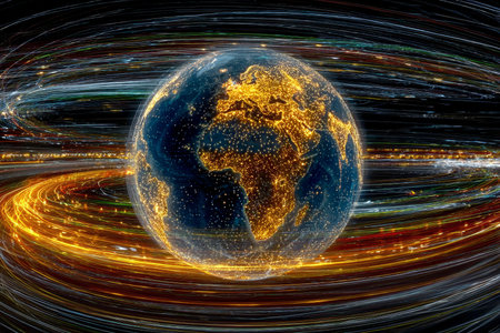 Vibrant Light Trails Connecting Continents A Stunning Representation of Global Communicationの素材