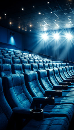 Empty Movie Theater During the Day Displays Silence Before Show, with Unoccupied Blue Seating Areaの素材