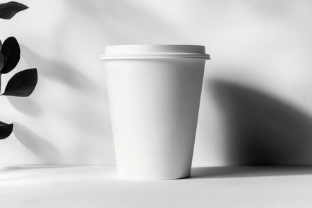 Single White Paper Coffee Cup on a Wooden Table with Natural Light and Copy Space for Brandingの素材