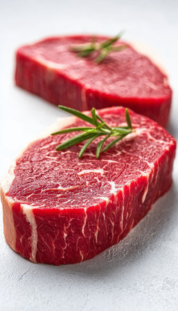 Exquisite Angus Ribeye Slices with Perfect Red Marbling Showcased in a Close-Up Culinary Delightの素材
