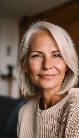 Elegant Mature Woman Exudes Serene Confidence With Silver Hair in Soft Cream Knitted Sweater Indoorsの素材