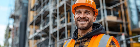 Smiling Construction Site Supervisor in Safety Gear Celebrating Successful Project Completionの素材