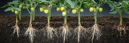 Vibrant Tomato Plants Thriving in Fertile Soil, Roots Deep Underground, Showcasing Life Cycle Growthの素材