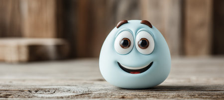 Cheerful cartoon character with wide eyes and a charming smile on a textured wooden background.の素材