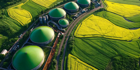 Aerial View of Green Biogas Plant Digestors in Agricultural Landscape Surrounded by Crop Fieldsの素材
