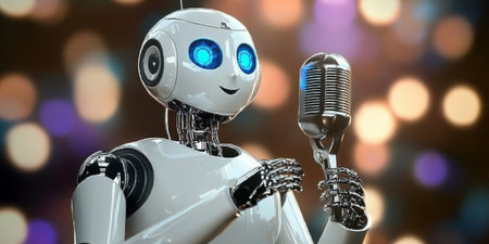 Futuristic android entertainer singing with nostalgic microphone in vibrant studio setting.の素材