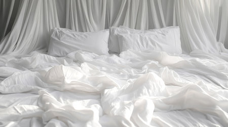 Messy Bedding in Soft Daylight Cozy White Sheets Inviting Relaxation and Peaceful Dreamsの素材
