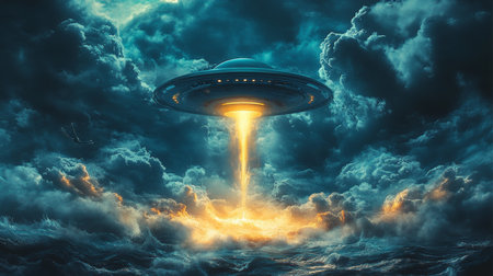 Mysterious UFO Illuminates Turbulent Sky with Luminous Beam, Creating a Captivating Sceneの素材