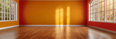 Bright and Spacious Minimalist Interior Scene with Sunlight Streaming Through Large Windowsの素材