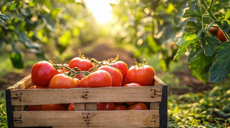 Freshly Picked Ripe Tomatoes in a Wooden Crate Surrounded by Lush Green Plants in a Gardenの素材