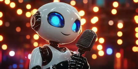 Futuristic Entertainment A White Robot with Glowing Eyes and Vintage Mic Meets Retro Tech Melodiesの素材