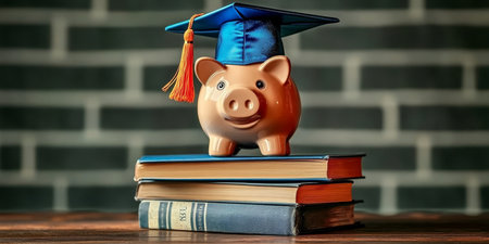 College Savings Illustrated with Piggy Bank in Graduation Cap Surrounded by Stacked Textbooksの素材