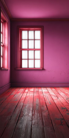 Serene Minimalist Purple Room Bathed in Warm Sunlight with Elegant Wooden Floors and No Furnitureの素材