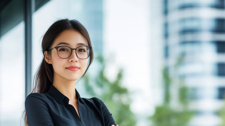 Ambitious Asian Entrepreneur with Glasses Confidently Achieving Global Business Success in Cityscapeの素材