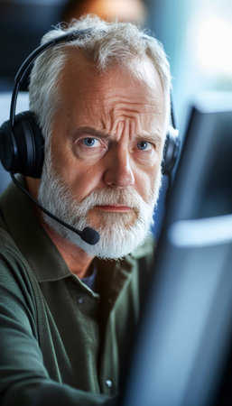 Dedicated Customer Service Representative Wearing Headset, Providing Professional Support at Deskの素材