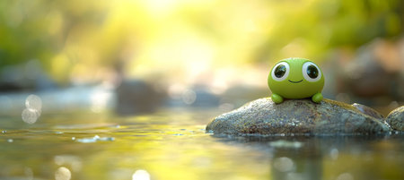 Cheerful Green Emoji Character Sitting on a Rock in a Sunny Stream Surrounded by Lush Natureの素材