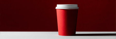 Vibrant Red Disposable Coffee Cup with White Lid on Pale Background, Ideal for Beverage Promotionsの素材