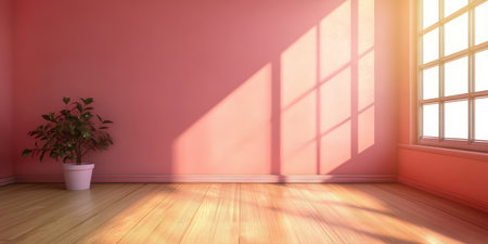 Minimalist Spacious Warm Rose Interior Illuminated by Sunlight, Creating a Serene Indoor Atmosphereの素材