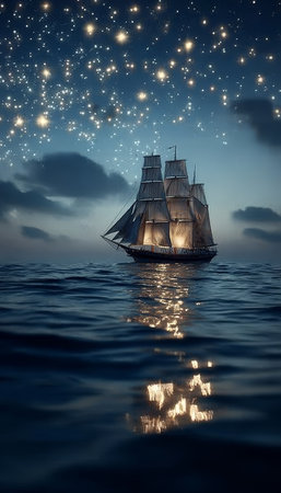 A Classic Ship Sailing Under a Starry Night Sky, Evoking Nostalgia and Adventure on the Seaの素材
