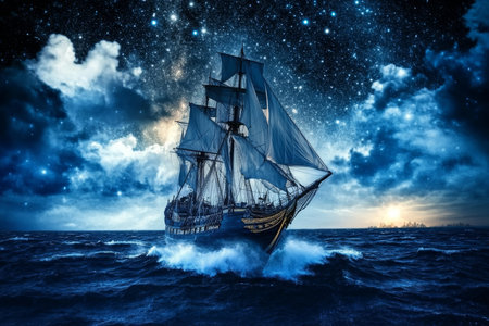 Majestic Sailing Ship Gliding Through a Twinkling Abyss at Dusk, Capturing the Essence of Adventureの素材