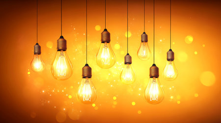 Array of Classic Light Bulbs Hanging from Ceiling with Soft Orange Hues for Warm Ambient Lightingの素材