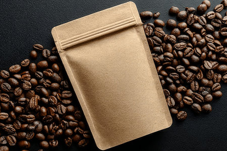 Elegant brown kraft paper pouch with roasted coffee beans, perfect for product packaging mockups.の素材