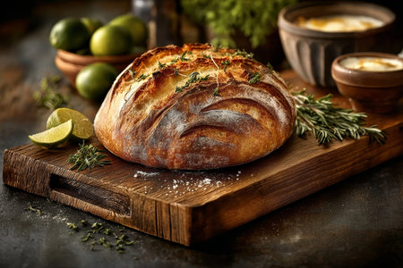 Artisan Sourdough Bread Still Life with Fresh Herbs and Rustic Elements for Culinary Presentationの素材