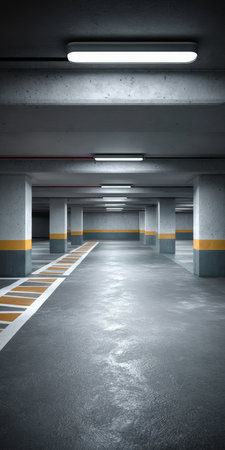 Bright and Spacious Urban Underground Parking Area with Long Parking Lots and Modern Designの素材