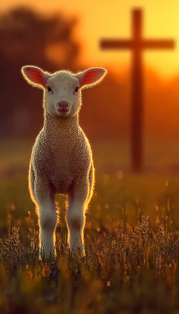 Newborn lamb peacefully stands in a serene field, with a blurred wood cross gleaming at sunset.の素材