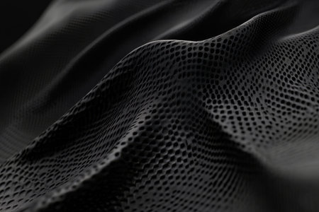 Close-Up of a Dark Perforated Surface with Subtle Ripples, Mimicking Flowing Black Fabric Textureの素材