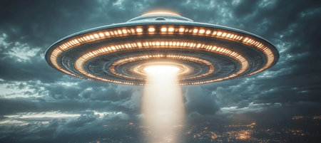 A Mysterious UFO Arrives Over the City at Night, Capturing the Awe of Citizens Below with Lightsの素材
