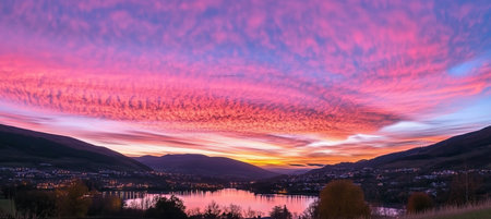 Vibrant sunset painting with colorful skies over majestic mountains and a peaceful town view.の素材