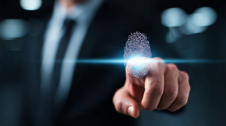 Biometric Security Access System for Identification Isolated Fingerprint on Businessman s Handの素材