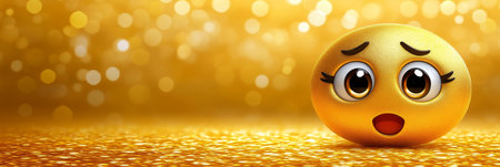 3D Golden Emoji Symbolizing Sympathy and Compassion on a Sparkling Floor with Bokeh Backgroundの素材