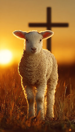 Lamb Grazing Peacefully in a Meadow at Sunset with a Wooden Cross Symbolizing Hope and Faithの素材