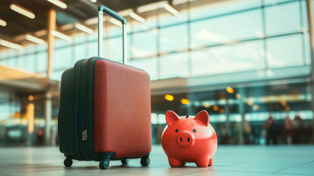 Dreaming of Travel Piggy Bank and Suitcase Symbolizing Financial Planning for Future Adventuresの素材