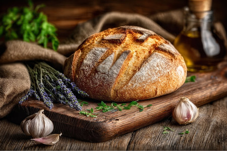 Rustic Sourdough Bread Delight on Wooden Board with Fresh Herbs and Culinary Perfection Displayの素材