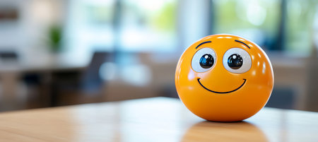 Realistic Happy Smile Face Made of Polymer Clay as a 3D Rendered Emoticon in Modern Office Spaceの素材