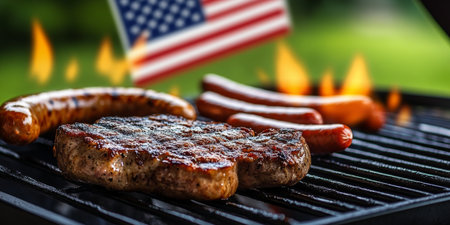 Delicious Juicy Steak and Sausages Sizzling on Flaming Barbecue Grill at Summer Backyard BBQ Partyの素材