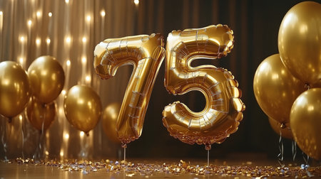 Golden Number 75 Balloons With Festive Celebration Balloons And Confetti On A Sparkling Backgroundの素材