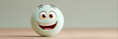 A 3D cute minty cartoonish happy emoji character smiling on a textured blurred background design.の素材