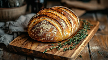 Artisanal Fresh Sourdough Wheat Rustic Bread Baked on Wooden Boards with Herbs and Textureの素材