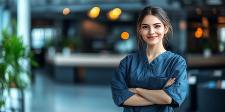Compassionate Healthcare Worker in Scrubs Offering Empathetic Support to Patients in Modern Clinicの素材