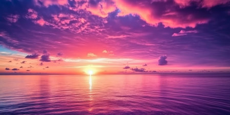 Stunning panoramic view of a sunset over the ocean with vibrant colors and serene reflectionsの素材