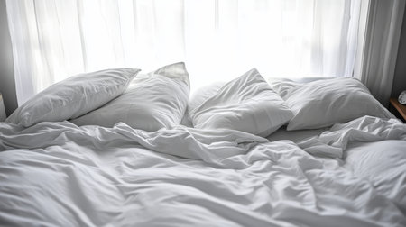 Unmade cozy bed with rumpled bedding sheets, soft light, and filtered curtains in a bright bedroomの素材