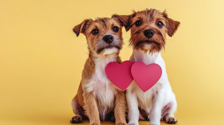 Adorable Dogs in Love with Hearts, Cute Puppies on Yellow Background, Perfect for Valentine s Dayの素材
