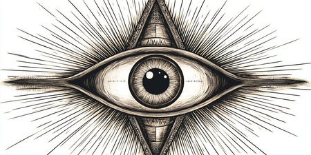 All-Seeing Eye Illustration, Masonic Symbol Design, Ancient Spiritual Emblem in Detailed Outline Artの素材
