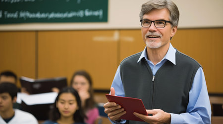 University professor engaging students in dynamic discussions to enhance their learning experience.の素材