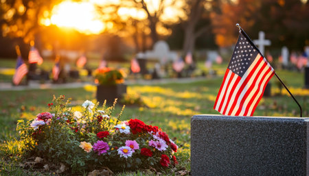 American Flag Waving at Sunset Over Veteran s Grave in Military Cemetery, Honoring Fallen Soldiersの素材